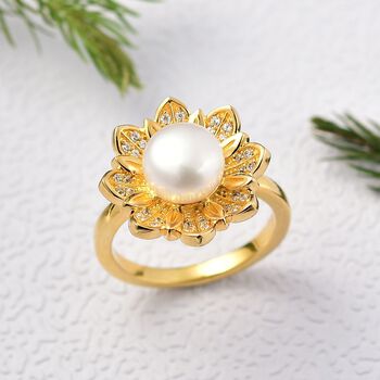 S&uuml;&szlig;wasser Perle (ca. 10-10.5 mm), Wei&szlig;er Zirkon Ring Nickelfreies Messing (Gr&ouml;&szlig;e 17.00)