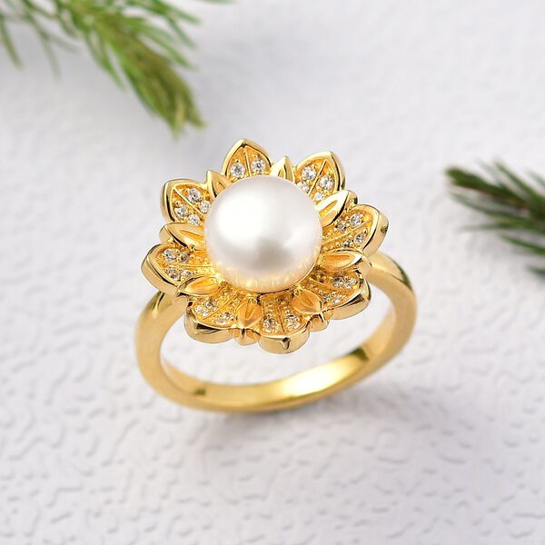 S&uuml;&szlig;wasser Perle (ca. 10-10.5 mm), Wei&szlig;er Zirkon Ring Nickelfreies Messing (Gr&ouml;&szlig;e 17.00) image number 2