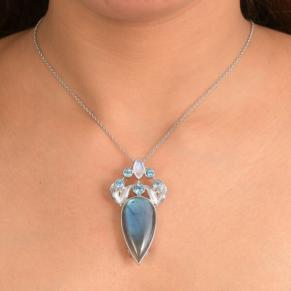 Sajen Silber - AAA Labradorit, Regenbogen Mondstein, Schweizer Blautopas Anhänger 925 Silber rhodiniert ca. 28.11 ct image number 4