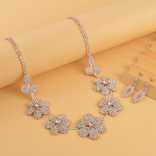 2er Set Wei&szlig;er Kristall Halskette und Ohrh&auml;nger, goldfarben image number 1