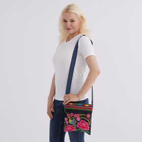 Crossbody-Tasche mit Blumenstickerei, ethnischem Boho-Muster, 23×24 cm, Schwarz-Bunt
