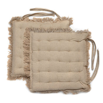 2er Set Stuhlpolster aus 100% Baumwolle mit Fransen und B&auml;ndern, 40x40x3 cm, Beige