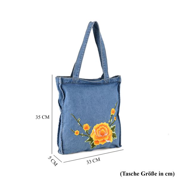 Shoppertasche, 33x35x5cm, Blau, Rosen-Stickerei image number 7