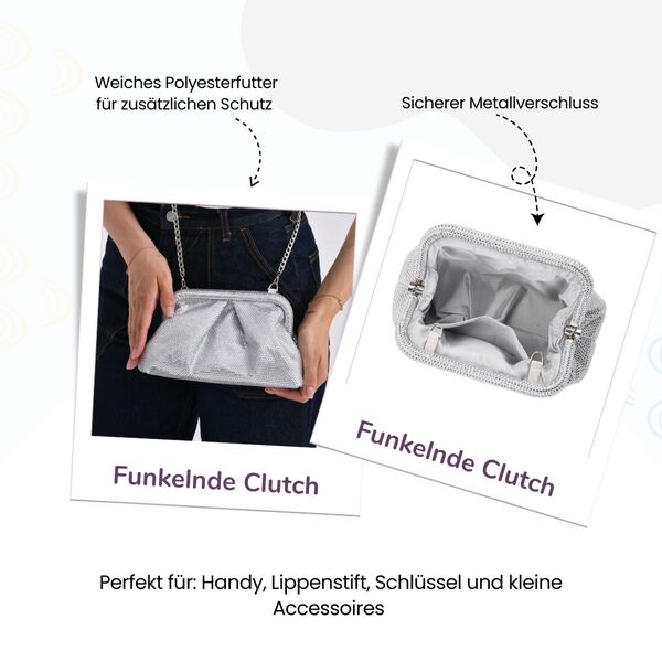 Clutch mit Metallschulterriemen, 24x11x13cm, Silber image number 2