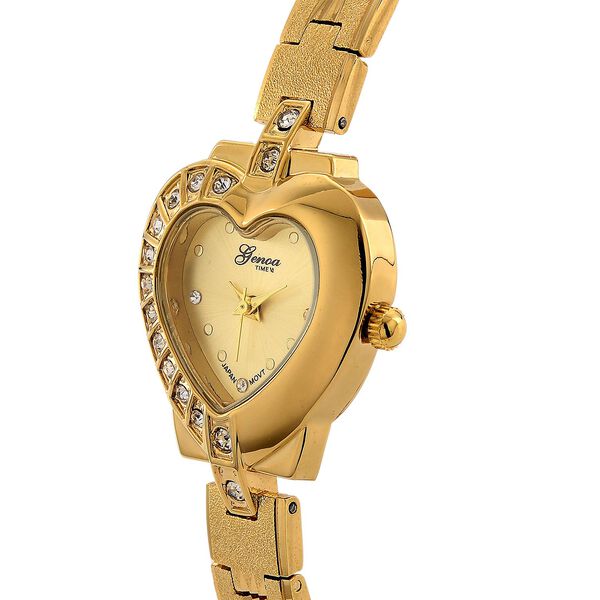 GENOA TIME - Herz-Armbanduhr Legierung, nickelfreies Messing, goldfarben, mit wei&szlig;en Kristallen, Zifferblatt Gold-Sunshine, 3 ATM wasserdicht image number 4