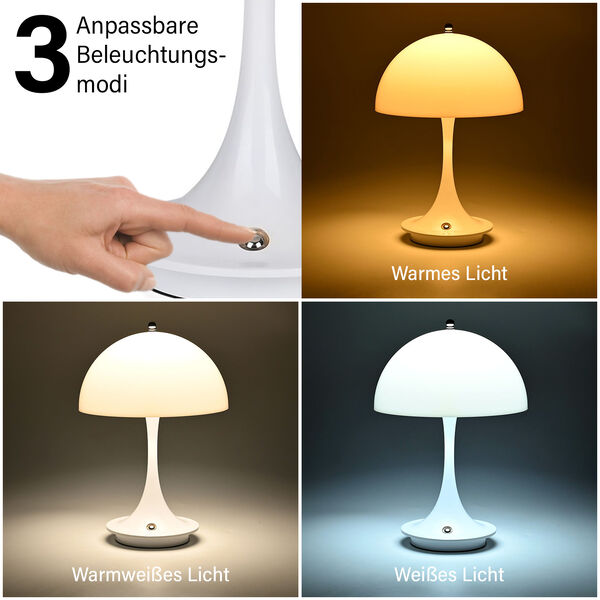 Kabellose Retro Pilz- Designerlampe  mit 3 Lichteinstellungen, weiß image number 4