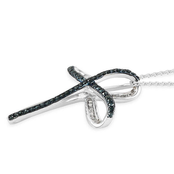 Blauer und weißer Diamant Kreuz-Anhänger mit Kette in Silber image number 4
