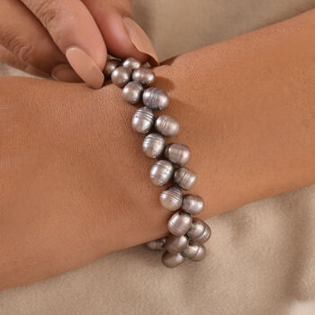 S&uuml;&szlig;wasserperlen-Armband, grau gef&auml;rbt, Tropfenform, ca. 19 cm, Edelstahl