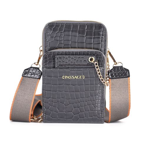PASSAGE Crossbody Tasche aus PU-Lackleder mit Krokoprägung und RFID-Schutz, 18x7x11 cm, Dunkelgrau image number 0