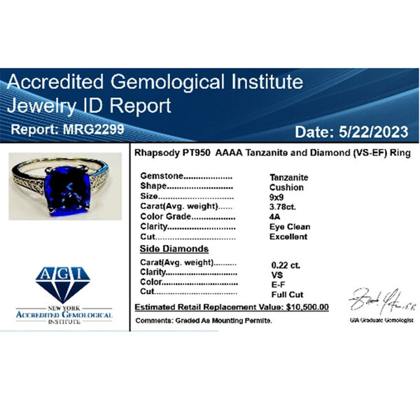 RHAPSODY zertifiziert und gepr&uuml;ft AAAA Tansanit und VS Diamant Ring in 950 Platin - 4 ct. image number 10