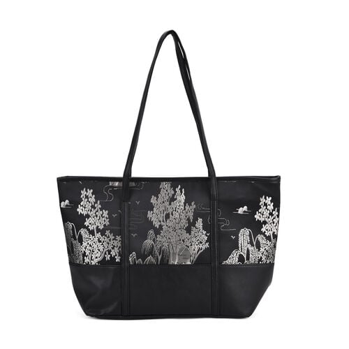 Schultertasche in modischem Print, große Kapazität, mit Reißverschluss und Innentasche, 48x29x14 cm, Polyester mit PU-Leder, Schwarz mit Blumenmuster