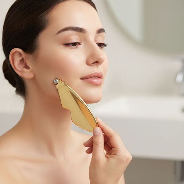 "FACE & EYE CRYOSCULPTOR Six-Sided Sculpting & Contouring Gua Sha 360° rolling eye massager Pure metal material Detachable magnetic rolling head SIZE: 120*38*10MM MATERIAL: METAL COLOR: GOLDEN" image number 3