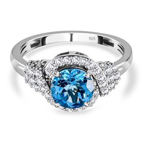 Schweizer Blautopas, Weißer Zirkon Ringe 925 Silber platiniert (Größe 18.00) ca. 1.89 ct