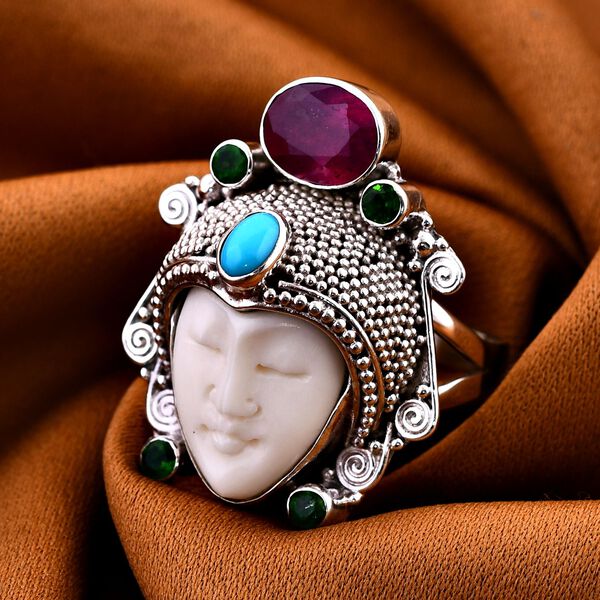 Sajen Silver- Ochse Knochen, afrikanischer Rubin, Sleeping Beauty Türkis und Chromdiopsid-Ring- 3,82 ct. image number 2