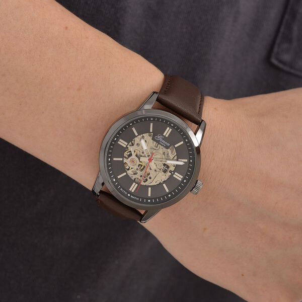 GENOA TIME V2 Automatikuhr mit mechanischem Automatikwerk, Zifferblatt Schwarz mit Sonnenschliff und offenem Design, Kaffeebraun Lederarmband 3 ATM wasserdicht image number 2