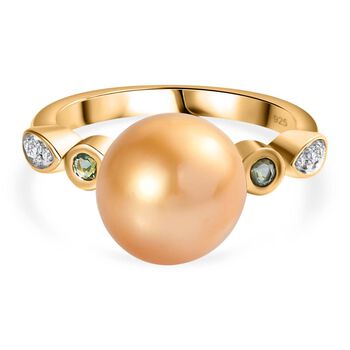 AA Goldene S&uuml;dsee Perle (9-11 mm), Smaragd Ring 925 Silber 750 Gelb Vermeil (Gr&ouml;&szlig;e 17.00) ca. 0.37 ct