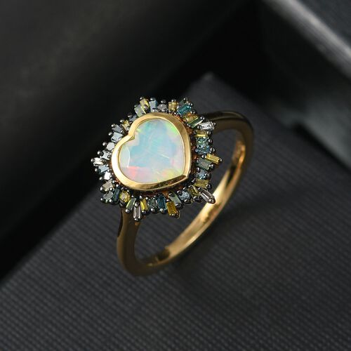 Bloom Heart - D joy Natürlicher, äthiopischer Welo Opal, Blauer Diamant  Ring, 925 Silber 750 Gelbgold Vermeil (Größe 17.00) ca. 1.40 ct image number 1