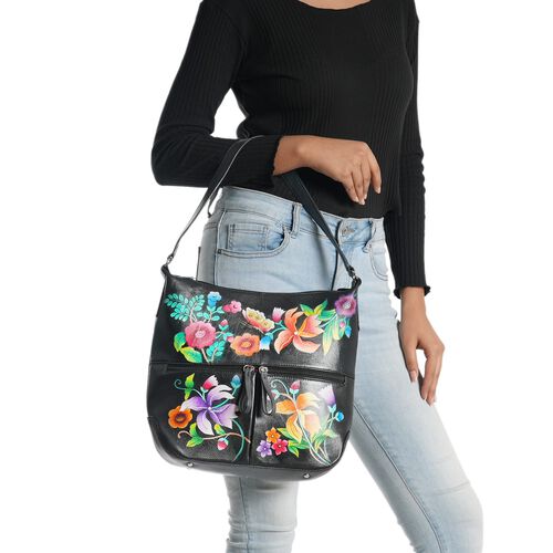 SUKRITI - handbemalte Handtasche aus echtem Leder mit RFID Schutz, Blumen Schwarz image number 1