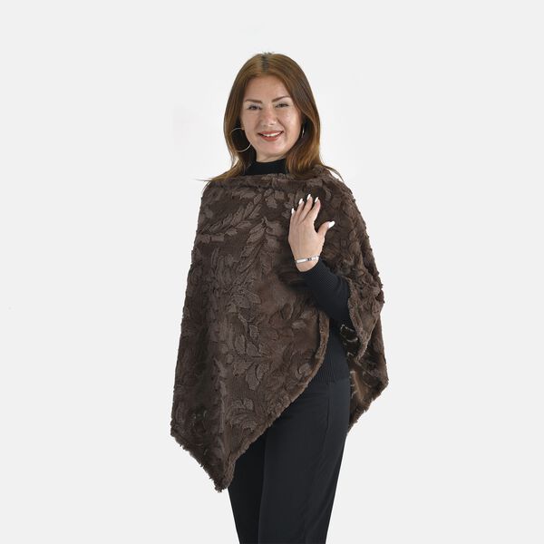 Kunstfell Poncho mit Blattmuster, Dunkelbraun image number 3