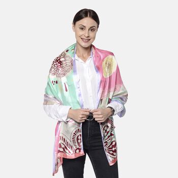 LA MAREY - 100 % nat&uuml;rlicher, bedruckter Maulbeerseiden-Schal in Geschenkbox, 50x165 cm, Gr&uuml;n und rosa