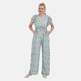 Jumpsuit mit gesmokter Taille und Flatterärmel, grün