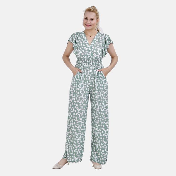 Jumpsuit mit gesmokter Taille und Flatter&auml;rmel, gr&uuml;n