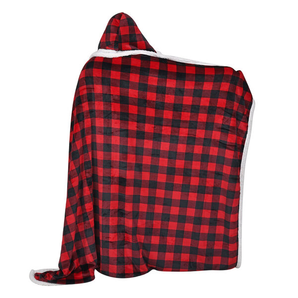 Hoodie-Decke mit Sherpa-Futter, Karomuster, Gr&ouml;&szlig;e 150x200 cm, Schwarz und Rot image number 4