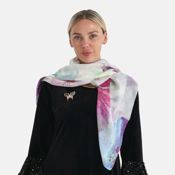 LA MAREY Seiden-Foulard aus 100% Maulbeerseide und Schmetterling-Seidenbrokat-Brosche, 110x110 cm, Mehrfarbig image number 5