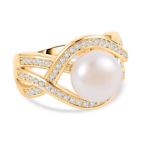 Wei&szlig;e S&uuml;&szlig;wasser Perle, Wei&szlig;er Zirkonia Ring, Messing (Gr&ouml;&szlig;e 16.00) ca. 0.80 ct