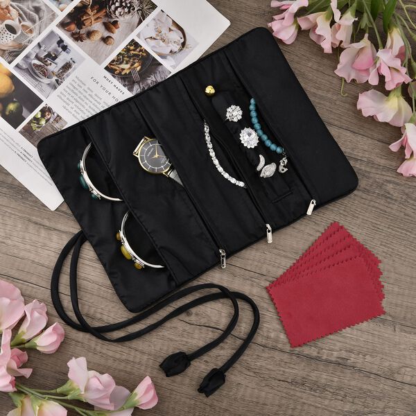 Schmuckorganizer aus Satin mit Stickerei und 5 Premium-Poliert&uuml;chern, 20x9cm, Schwarz image number 14