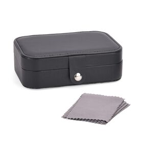 Schmuckbox aus PU-Leder in Schwarz mit Druckknopfverschluss, 16,5x11,5x5,5cm, inkl. 10 Silberputztücher