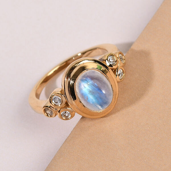 Regenbogen Mondstein und Zirkon-Ring, 925 Silber vergoldet  ca. 2,46 ct image number 2