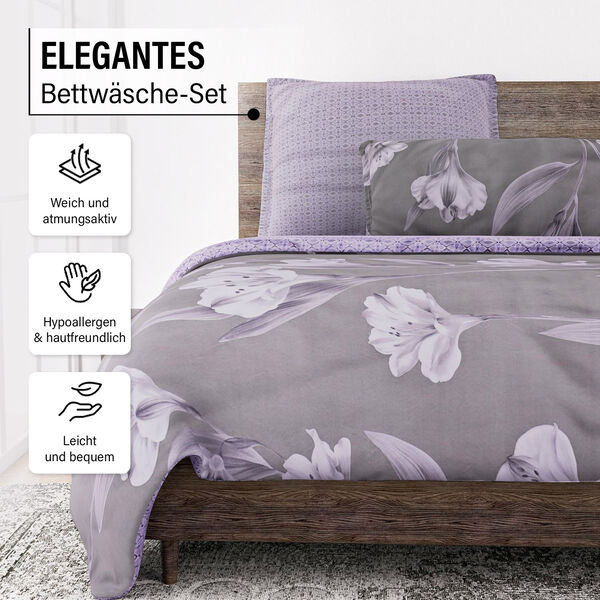 6-tlg. Bettw&auml;sche-Garnitur mit doppelseitigem Druck, Blumenmuster, grau image number 2