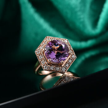 Zeitlose Art Kollektion - AA Rose De France Amethyst, Wei&szlig;er Zirkon Ring 925 Silber 750 ros&eacute;vergoldet (Gr&ouml;&szlig;e 19.00) ca. 7.18 ct