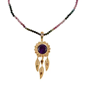 D'joy Afrikanischer Amethyst, Mehrfarbig-Turmalin Anh&auml;nger mit Kette, 925 Silber 750 Gelbgold Vermeil ca. 46.89 ct