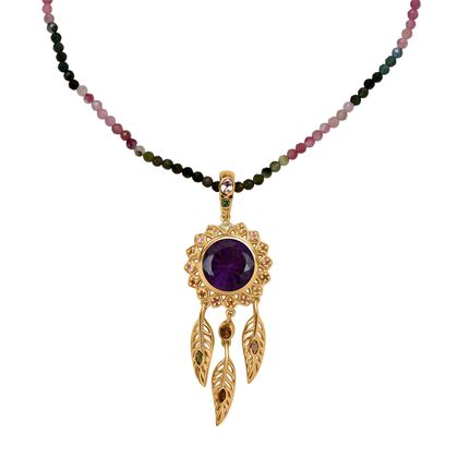 D'joy Afrikanischer Amethyst, Mehrfarbig-Turmalin Anh&auml;nger mit Kette, 925 Silber 750 Gelbgold Vermeil ca. 46.89 ct