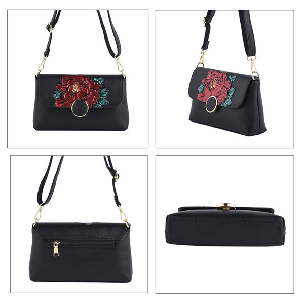 Umhängetasche aus 100% echtem Leder, Pfingstrosen-Muster, Größe 25x7x15 cm, Schwarz image number 4