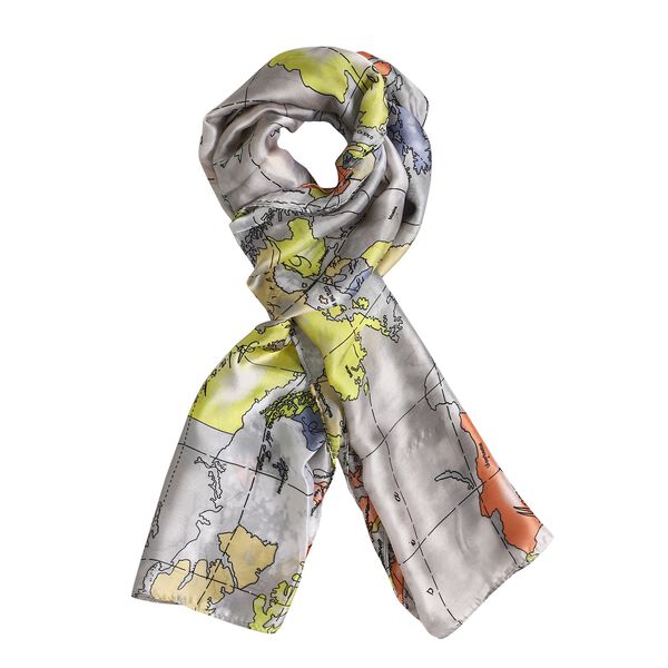 100% nat&uuml;rlicher Satin Seiden Schal, Weltkarte Muster, Wei&szlig; image number 4