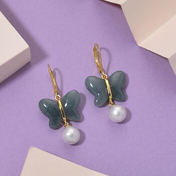 D'Joy EXTREM SELTEN - Nat&uuml;rlicher Olmek Jadeit, Wei&szlig;e S&uuml;&szlig;wasser Perle Ohrringe 925 Silber vergoldet