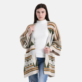 Cardigan mit grafischem Rautenmuster und Taschen, Einheitsgr&ouml;&szlig;e, Moosgr&uuml;n