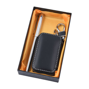 Echtleder Schl&uuml;ssel Etui mit Kugelschreiber, schwarz