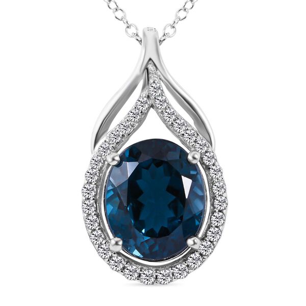 London Blau Topas und wei&szlig;er Zirkon Anh&auml;nger mit Kette, 925 Silber ca. 6.02 ct