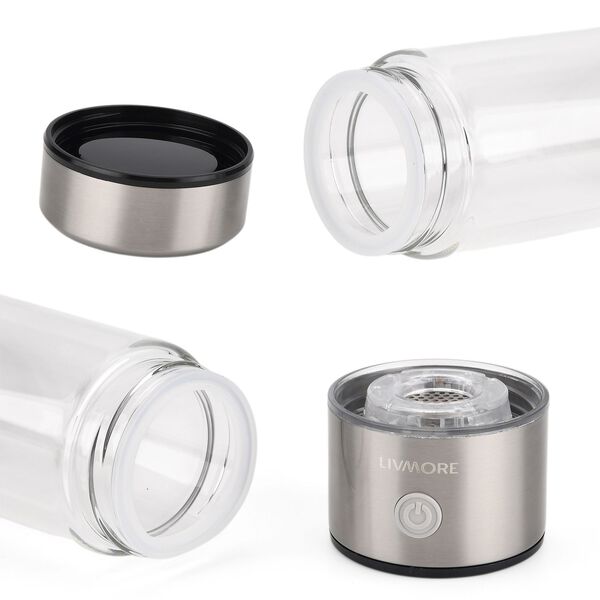 LIVMORE- doppelwandige Wasserstoff Wasserflasche 300 ml, SPE PEM, Borosilikatglas, USB Akku, Silber image number 6