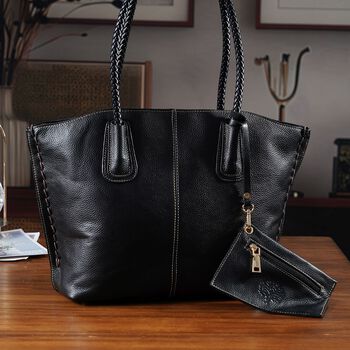 2er-Set Echtleder-Shopper, stilvolle Handtaschen mit passendem Rei&szlig;verschluss-Etui, Schwarz