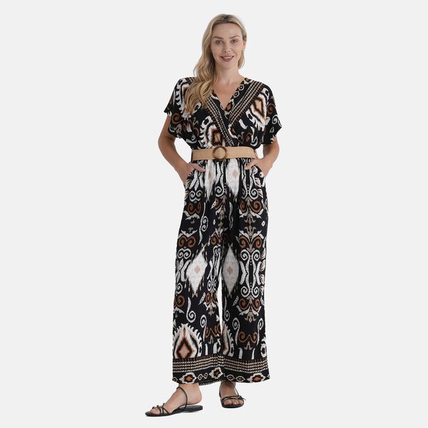 LA MAREY Jumpsuit mit G&uuml;rtel, IKAT Print, 136 cm L&auml;nge, 65 cm Brustweite, Schwarz