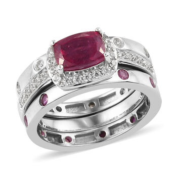 3er-Set Afrikanischer Rubin und Zirkon Ring 925 Silber platiniert ca. 2,45 ct
