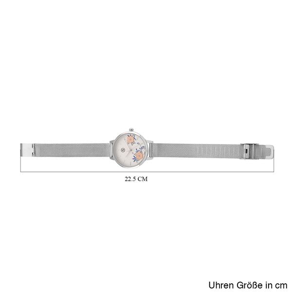 STRADA Uhr mit Japanischem PC21S Werk, Edelstahl-Mesharmband Silberfarben, florales Zifferblatt Wei&szlig; mit Wei&szlig;em Kristall image number 8