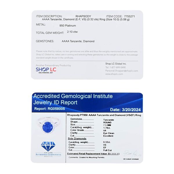 Rhapsody AAAA Tansanit, Weißer Diamant Ring 950 Platin (Größe 19.00) ca. 2,10 ct image number 7