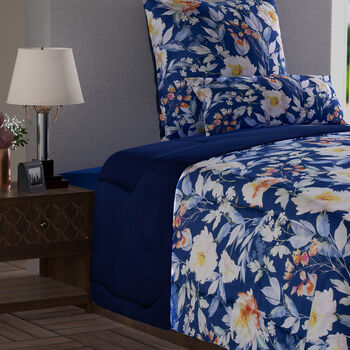 3er Set- Steppdecke und 2 Kissenbez&uuml;ge mit Floralem Muster, blau