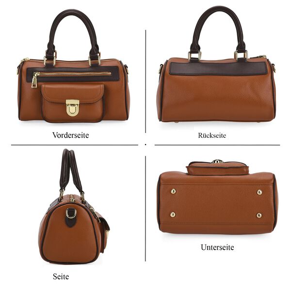 Crossbody Tasche aus 100% echtem Leder mit gemustertem Schulterriemen, 25,5x13x13,5cm, Braun image number 5